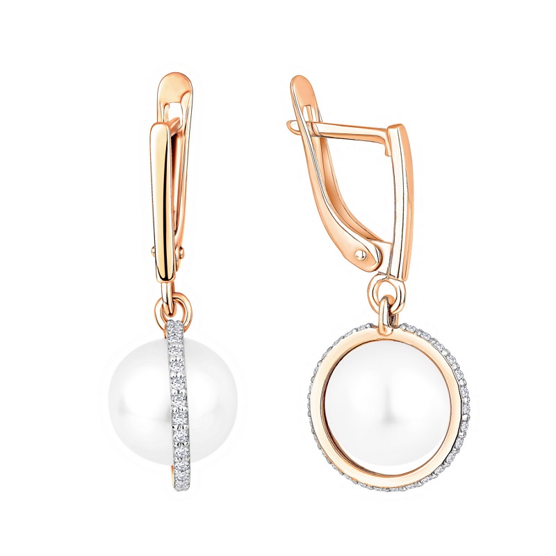 Ювелирное изделие - Серьги из красного золота с жемчугом и фианитами в магазине Best-Gold 152950