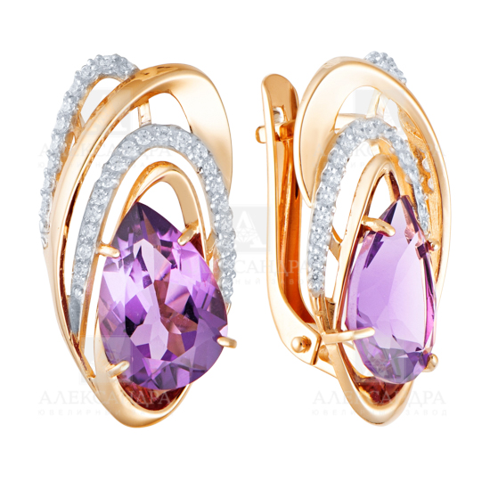 Ювелирное изделие - Серьги из красного золота с аметистами и фианитами в магазине Best-Gold 030007