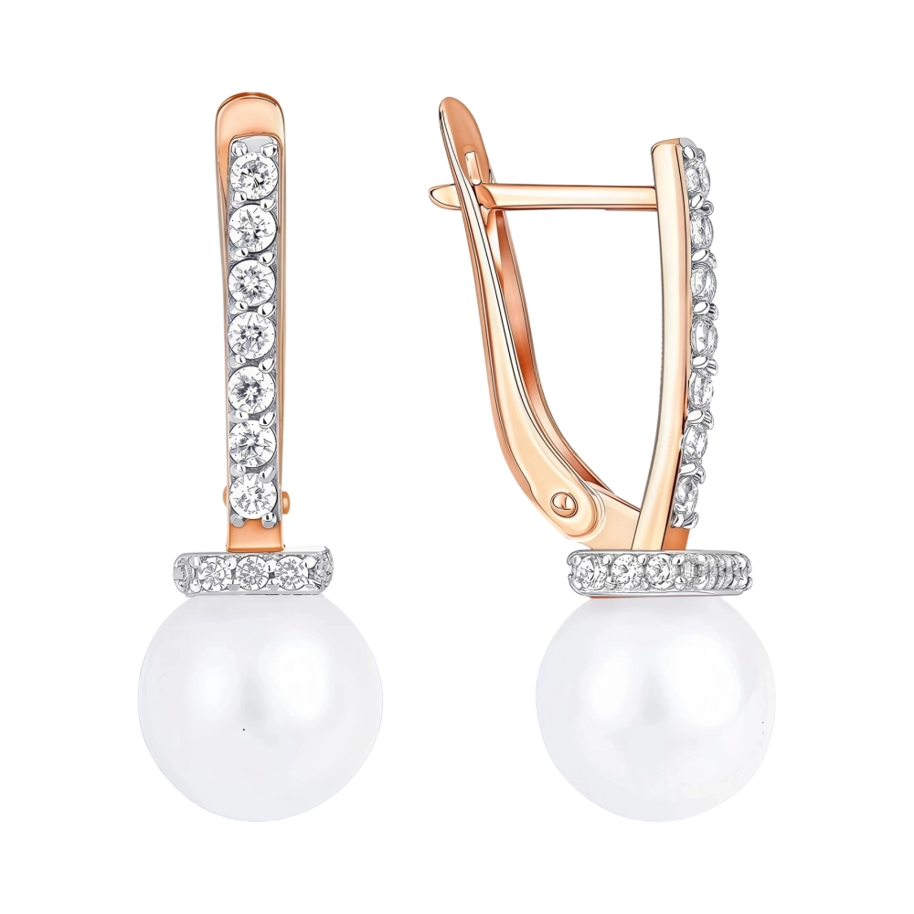 Ювелирное изделие - Серьги из красного золота с жемчугом и фианитами в магазине Best-Gold 152943