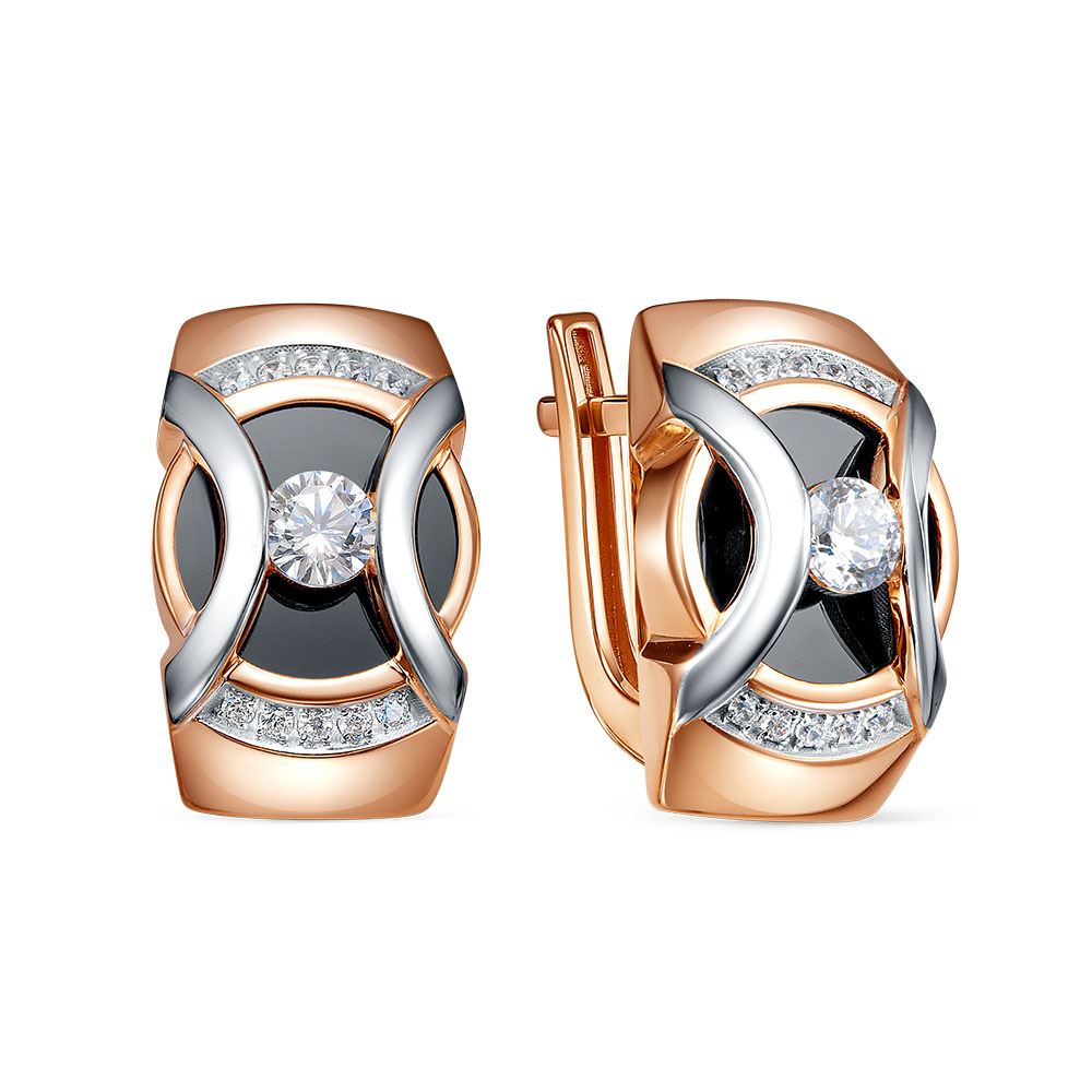 Ювелирное изделие - Серьги из красного золота с бриллианитами, ониксом и фианитами в магазине Best-Gold 157790