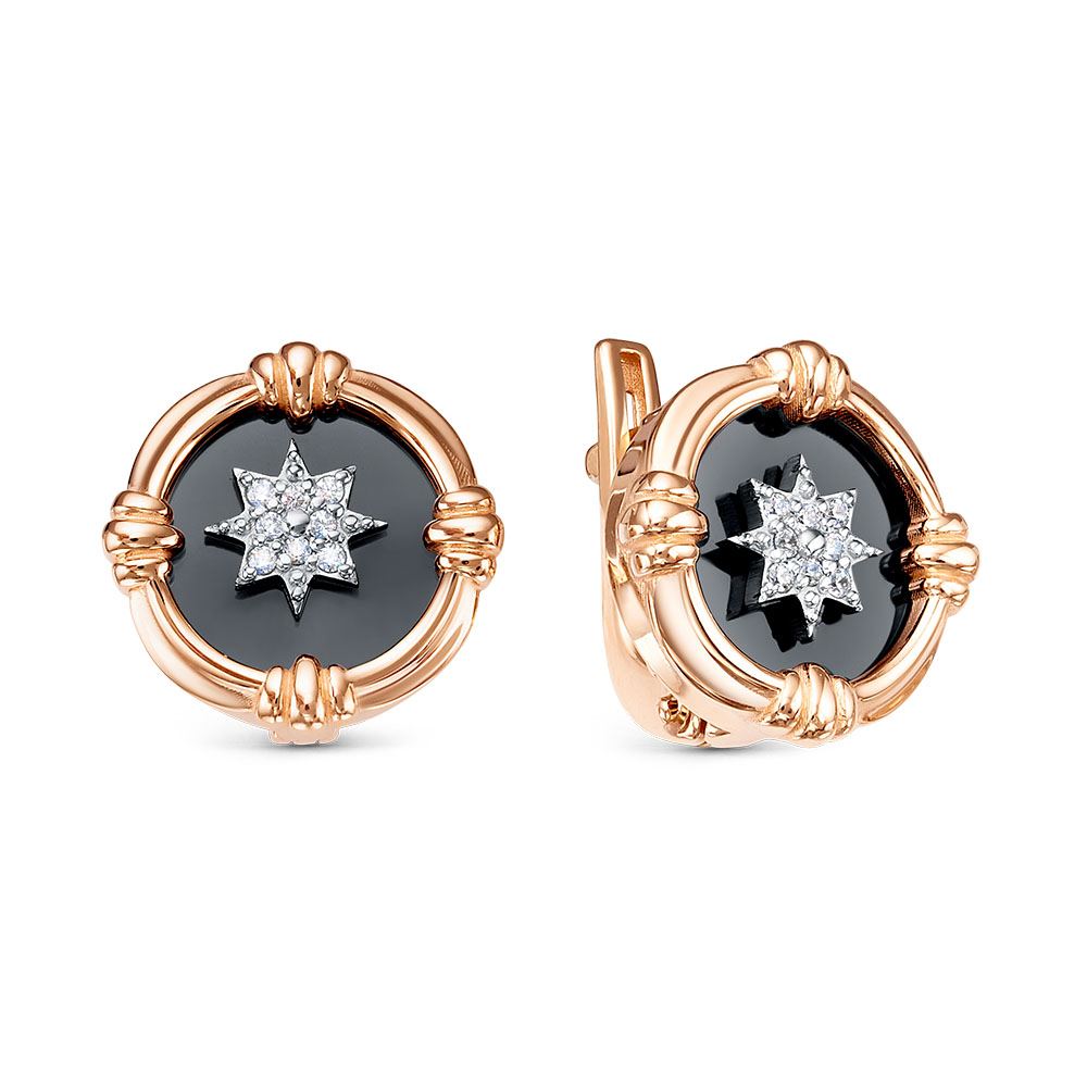 Ювелирное изделие - Серьги из красного золота с фианитами и ониксом в магазине Best-Gold 147647