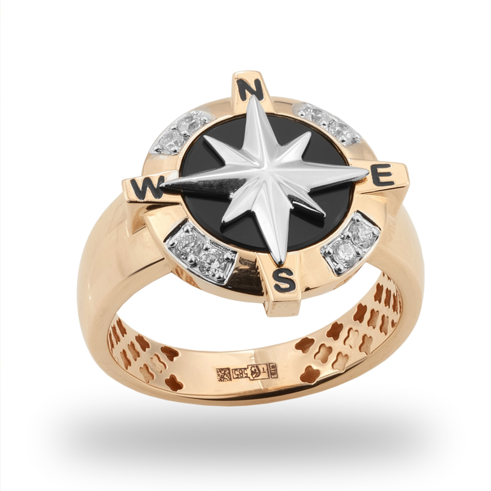 Мужская печатка из красного золота с ониксом и фианитами